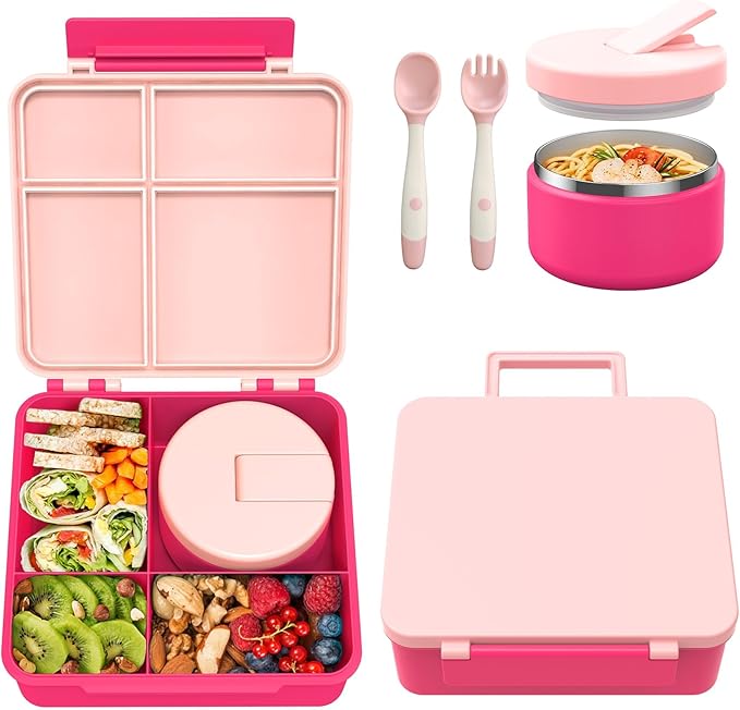 Bento Lunch Box with 8oz Soup Thermo, Kids Leakproof Lunch Food Containers with 4 Compartment, Kids Thermo Insulated Hot Food Jar for School, Trvael-Green