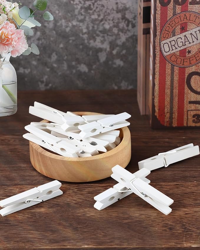 100 Pack White Clothespins 2.9 Inch, Heavy-Duty Wood Rust-Resistant Clothes Pins, Solid Birch Clips for Laundry, Photo Wall Displays, Craft Projects & Classroom Decoration