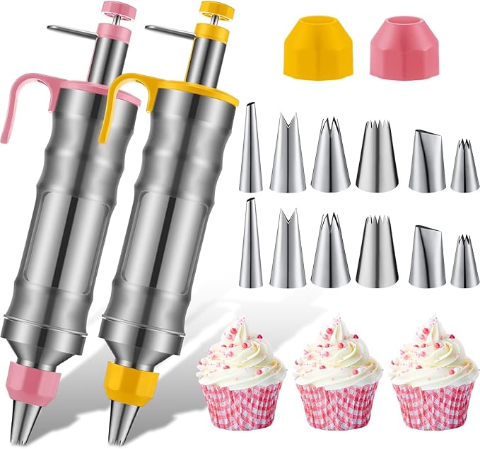 Uiifan 2 Sets Icing Decoration Gun Kit Cake Decorating Kit, Pink, Black