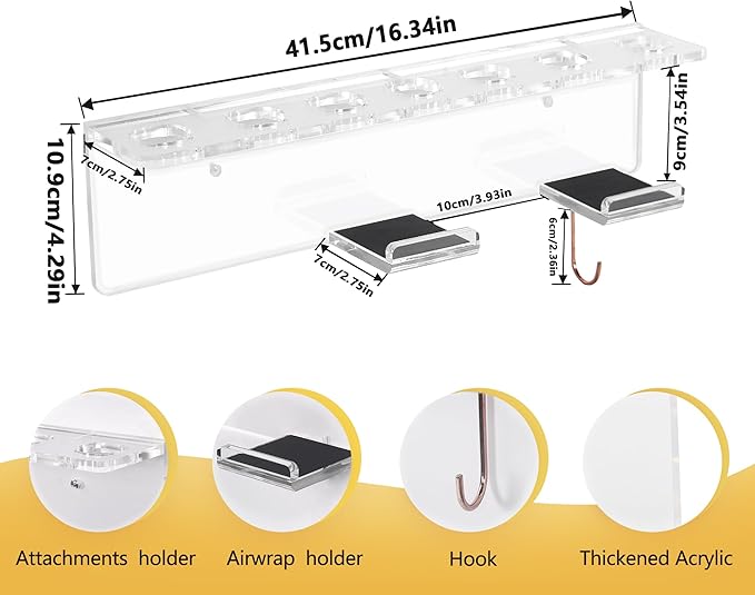 Affogato Wall Mount Holder Compatible with Dyson Airwrap Styler Accessories Acrylic Storage Holder Compatible with Dyson Airwrap Attachments Organizer Rack for Wand Barrels Brushes, Transparent Clear