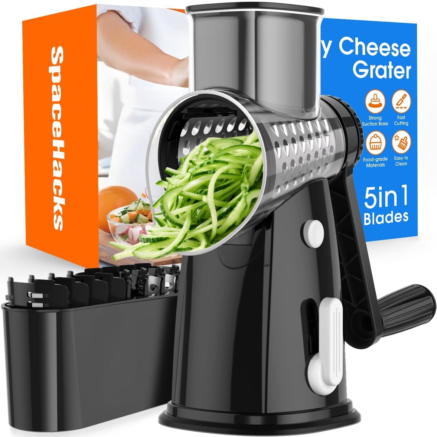 Rotary Cheese Grater Hand Crank, 5-in-1 Vegetable Chopper Spiralizer Slicer