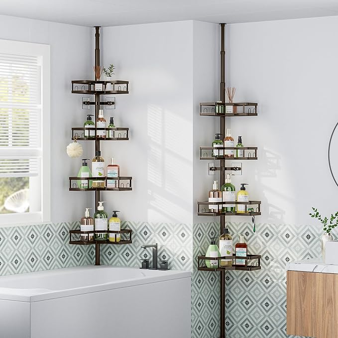 HEVEL Corner Shower Caddy Tension Pole, 4 Tier Adjustable Shower Organizer Corner 62-115 Inch, Rustproof Bathroom Shower Shelves for Bathtub Storage,Bronze