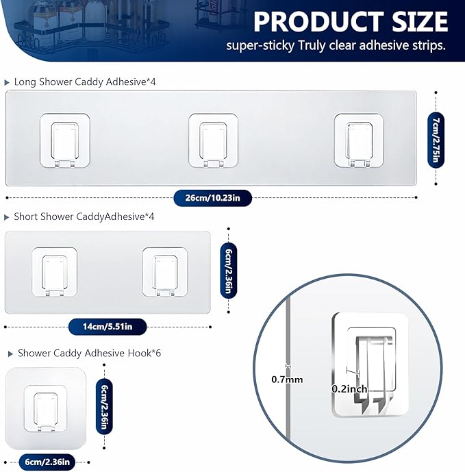 14 Pack Shower Caddy Adhesive Replacement, Strong Adhesive Hooks, Waterproof Shower Adhesive Strips, No Drilling, for Bathroom Storage Shelves and Kitchen Racks