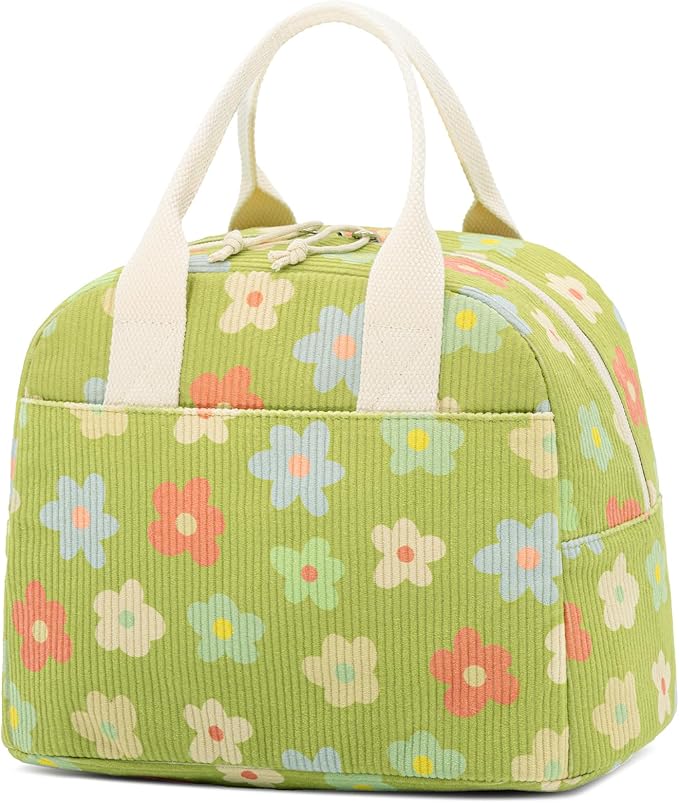 Insulated Floral Green Lunch Bag for Women, Corduroy Tote with Aluminum Lining, Large Capacity Reusable Cooler for Work, Travel, Beach or Picnic, Floral Pattern Water-Resistant Lunch Box