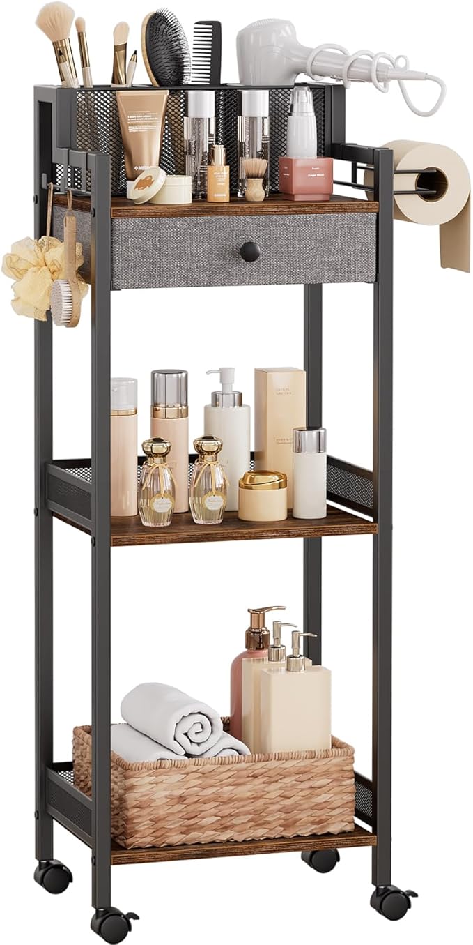 Bathroom Storage Organizers with Drawer, 3 Tier Metal Rolling Standing Unit with Toilet Paper Holder, Multifunctional Floor Corner Rack for Cosmetic, Dryer Curling Irons 12.8in Wide Black