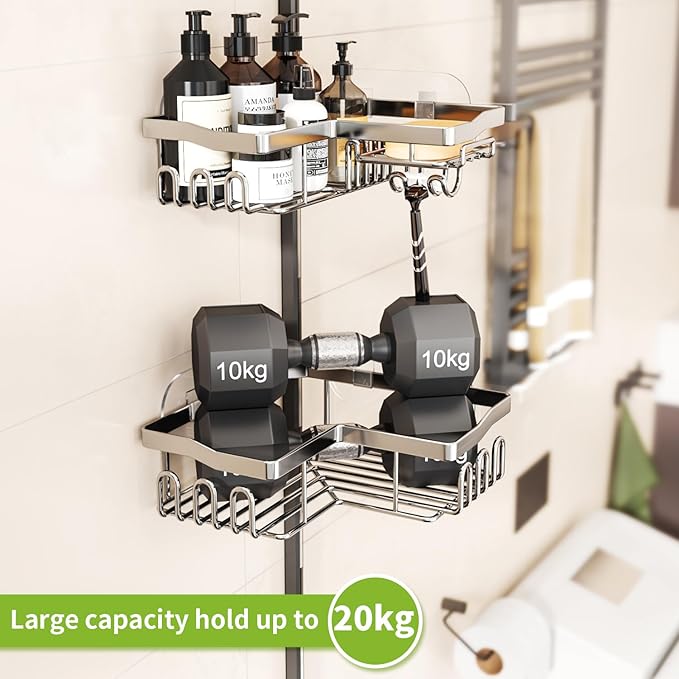 SWTYMIKI Shower Caddy Corner with Soap Holder, 2-Tier Stainless Steel Corner Shower Organizer with 11 Hooks, No Drilling & 6 Strong Adhesives Bathroom Shelf Organizer, Silver - 2 Tier
