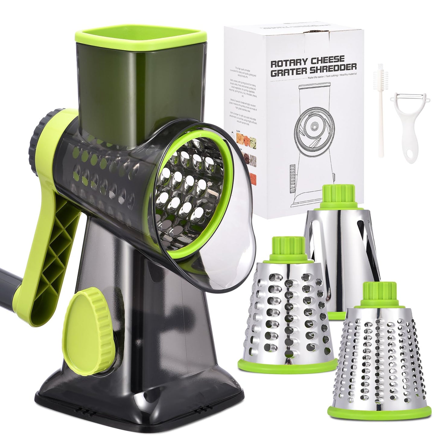 Rotary Cheese Grater with Handle Kitchen Shredder Slicer Grater Slicer Ice Shaver Cheese Vegetable Nuts Potato Zucchini Chocolate 3 Interchangeable Blades (Grey TSP)