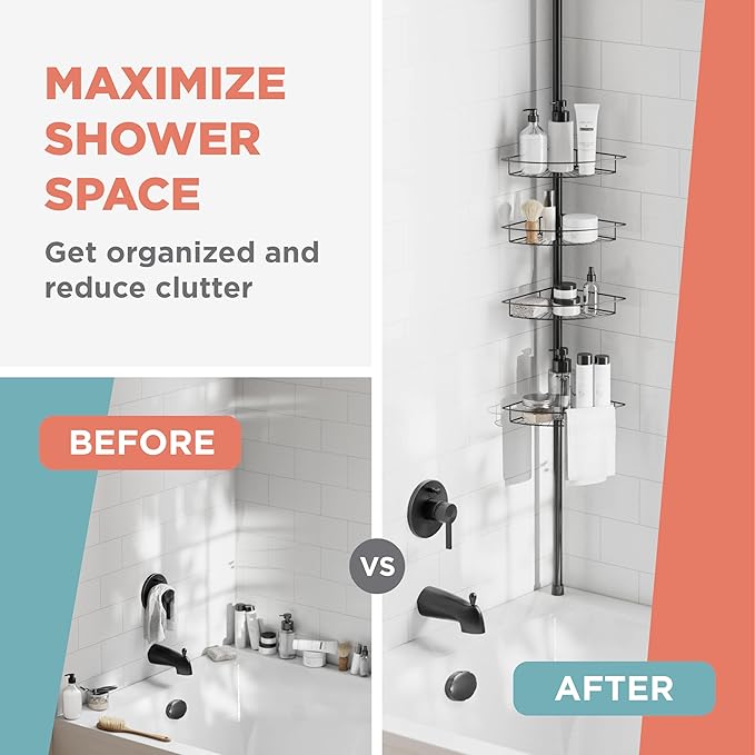 Zenna Home Tension Pole Shower Caddy Corner Organizer, Adjustable Standing Shower Caddy with 4 Baskets, Rust Resistant Bathroom Tension Rod Organizer, 60 to 97 Inch, Matte Black