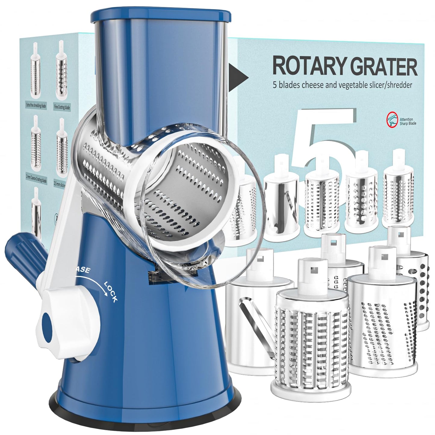 Cambom Rotary Cheese Grater Hand Crank Cheese Shredder for Fresh Cheese, Vegetable, Nuts,Non-slip Suction Base，Three Blades,Blue