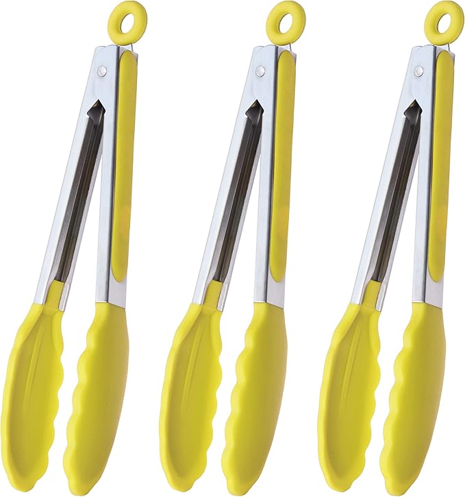 HINMAY Silicone Tipped Tongs 9" Kitchen Cooking Tongs, Set of 3 (Yellow)