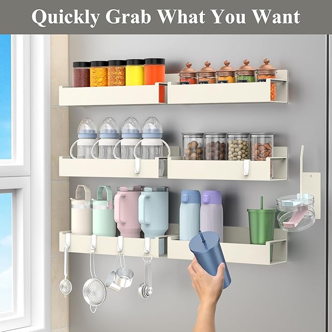 Magnetic Water Bottle Holder for Refrigerator, Cup Holder Organizer for Stanley and Tumbler for Kitchen, 6 Pack, Cream White
