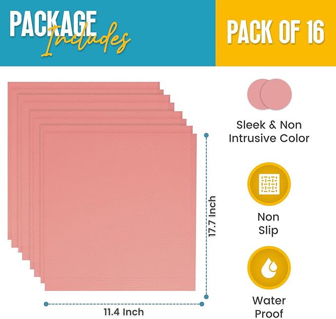 Refrigerator Liners for Shelves (16 Pack) by Linda’s Essentials - Non-Adhesive Shelf or Drawer Liner, BPA-Free Fridge Mats for Kitchen & Cabinets, Easy to Clean, Ideal Household Essentials (Pink)