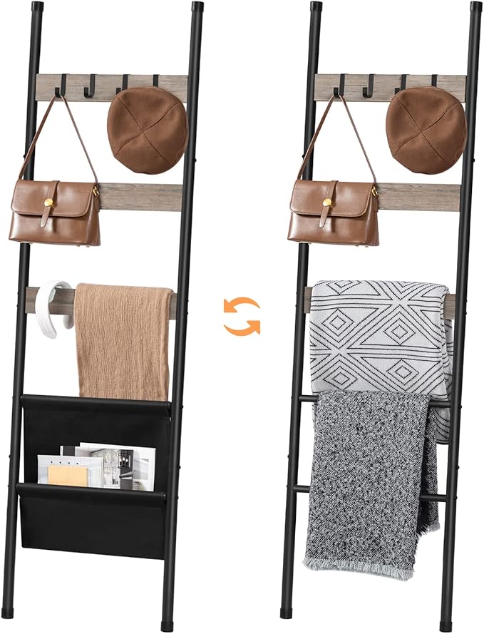 HOOBRO Blanket Ladder, 5 Tier Towel Rack, 17.3" L x 63" H, Wall-Leaning Blanket Rack for Living Room, Decorative Ladder with 4 Hooks and Magazine Pocket, Greige BG32CJ01