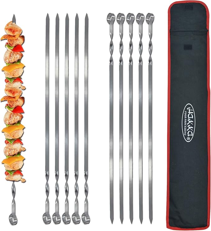 Hakka Stainless Steel Barbecue Skewers, 23.6" Shish Kabob Skewers Heavy Duty 1.5mm Metal Skewers for Grilling Large Wide 9.87mm Reusable Kabob Sticks with NonSlip Ring Handle,Set of 10