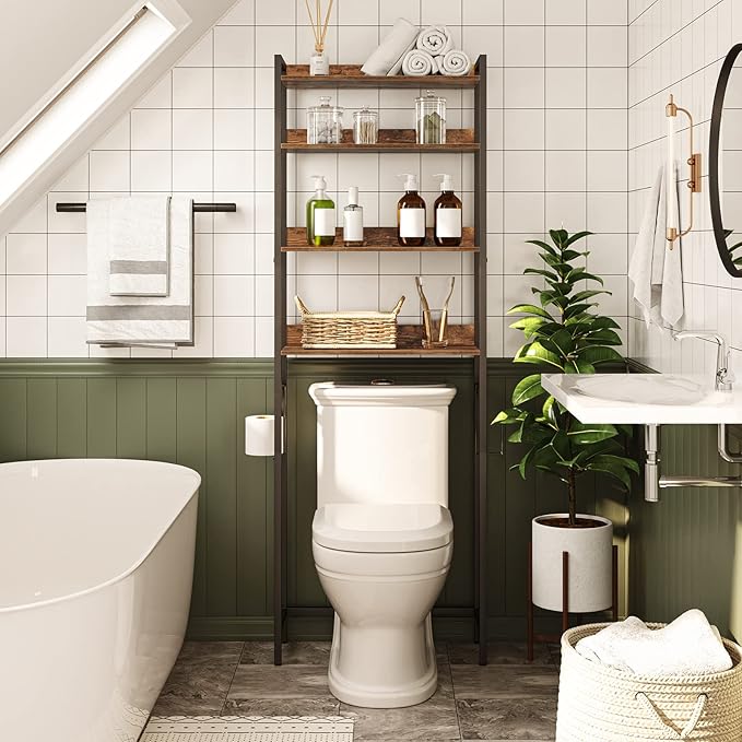 Over The Toilet Storage Rack, 4 Tier Bathroom Organizer Over Toilet, Freestanding Space Saver Toilet Stand with 2 Hooks, Bathroom Storage Shelf, Easy to Assemble, Rustic Brown TSHR0401Z