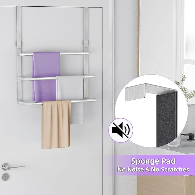 Over The Door Towel Rack, 304 Stainless Steel Towel Rack, 3 Tier Towel Bar for Hanging Towels, 16 Inch Over Door Towel Storage Holder for Bathroom, Brushed Silver