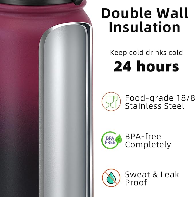 Fanhaw 20 oz Insulated Stainless Steel Water Bottle with Anti-Dust Chug Lid, Leakproof Vacuum Metal Bottle for Kids, Women & Men (Red Black)