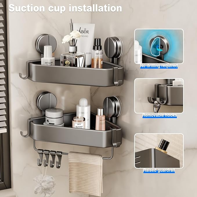Suction Cup Shower Caddy Corner, 2 Pack Suction Corner Shower Shelves No Drilling, Rustproof Shower Organizer Suction Cup with Towel Holder & Hooks Removable Bathroom Storage Rack(Gray)