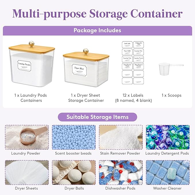 Lifewit Large Laundry Pods Container& Dryer Sheet Holder, Laundry Storage Containers, Laundry Room Organization Storage Jars for Powder, Scent Booster Beads,Bamboo Lid,0.53+0.7 gal,2 Pcs