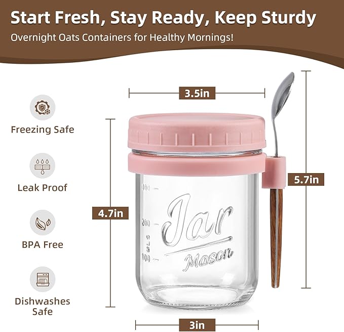 6 Pack Overnight Oats Containers with Lids and Spoons, 16 oz Glass Mason Overnight Oats Jars, Large Capacity Airtight Jars for Milk, Cereal, Fruit(Pink)