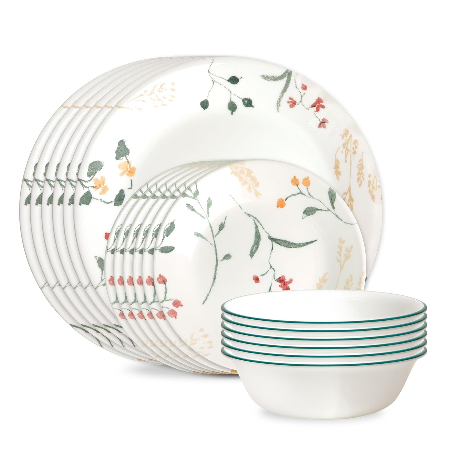 Corelle Everyday 18-PC Dinnerware Set Service for 6, Durable and Eco-Friendly, Higher Rim Glass Plate & Bowl Set, Microwave and Dishwasher Safe, Sadie