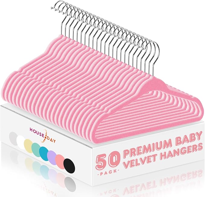 HOUSE DAY 11 Inch Velvet Baby Hangers 50 Pack Lt-Pink, Premium Kids Hangers for Children, Infant & Toddler Clothes, Durable Non Slip Small Baby Felt Hanger for Closet, Ideal for Everyday Use