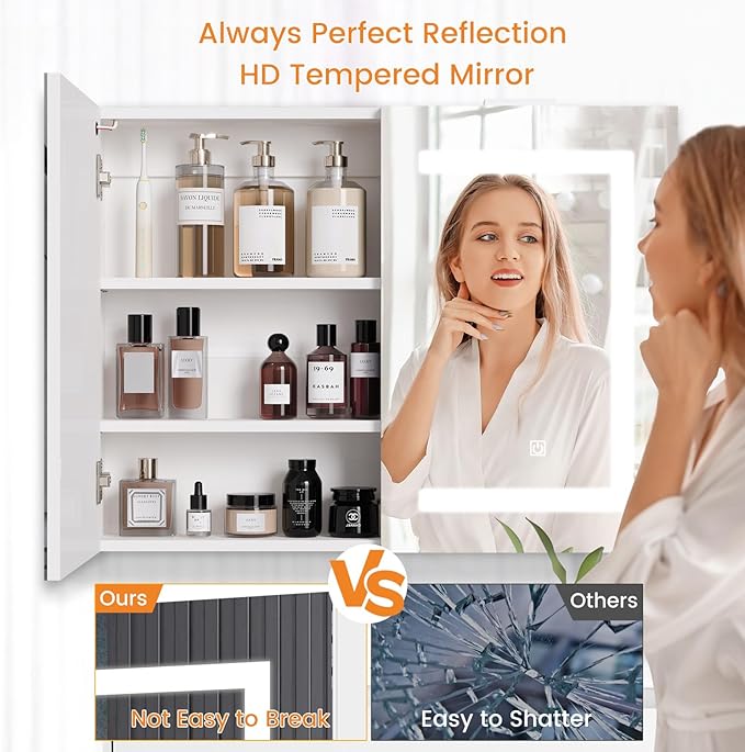 Snughome Bathroom Medicine Cabinet with Mirror & LED Lights, Wall Mount Bathroom Mirror with Storage, Built-in Power Outlets, Dimmable 3 Color Temp, Anti Rust Easy to Install, 31.5" x 23.6"