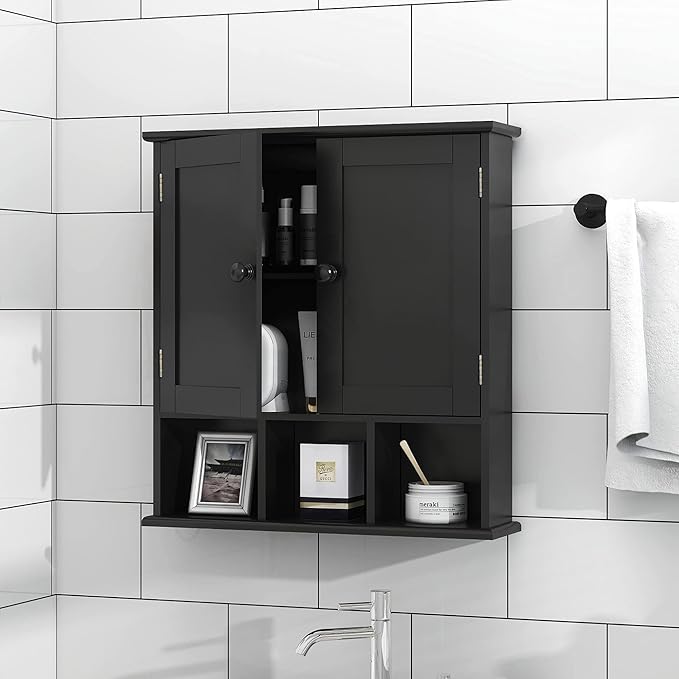 TaoHFE Black Bathroom Over The Toilet Storage Cabinet,Wall Medicine Cabinet Organizer with 2 Door Adjustable Shelves,Wooden Modern Bathroom Shelves Wall Mounted Laundry Room