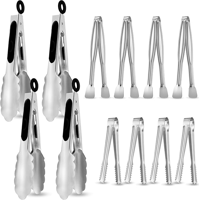CHENGU 12 Pack Stainless Steel Kitchen Tongs 4/6/6 Inches Food Serving Clip Kitchen Cooking Tongs High Heat Resistant Clips for Cooking Non Stick Grill Salad (Gold, Diversity)