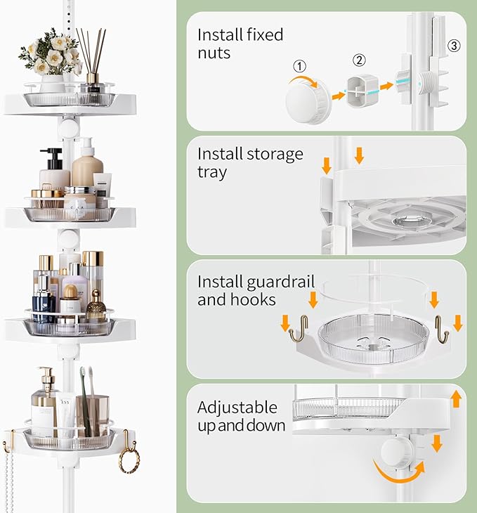 Shower Caddy Tension Pole with 4 L-Lazy Susan Organizer 360 Rotating 35-128 Inch No Drilling Floor Standing Shelves Adjustable Shower Rack for Bathroom Corner (White)