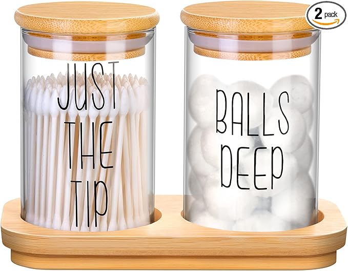 Funny Qtip Holder Dispenser 2 Pack Glass Apothecary Jars Canisters with Tray, Cotton Ball Qtip Holder Bathroom Set with Bamboo Lids for Cotton Swab Farmhouse Bathroom Storage Organization