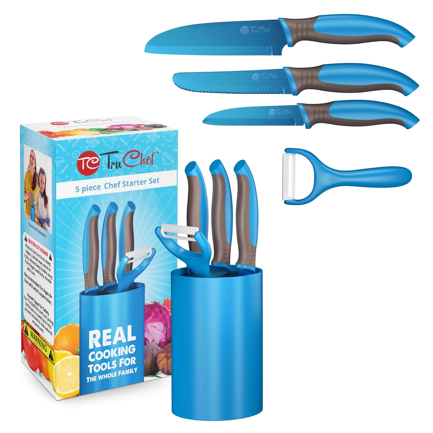TruChef Kids Knife Set for Real Cooking | Skin Safe Chef Set for Ages 3+ with Rainbow Blades, Cutting Board, Scraper, Recipe Cards | Jr Chef Cooking Gift for Teens & Kids (16 Pcs)