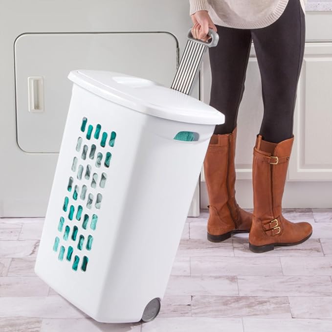 Sterilite 6-Pack Ultra Wheeled Hamper, Laundry Basket w/Flip-Top Lid & Retractable Handle - Plastic Rolling Clothes Storage Cart with Ventilated Holes for Home, Apartment or Dorm