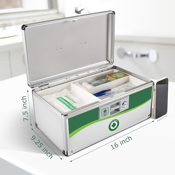 Medicine Lock Box, First Aid Safe Medication Storage Box, Layered Aluminum Daily Medicine Lockable Box with Key (X-Large)
