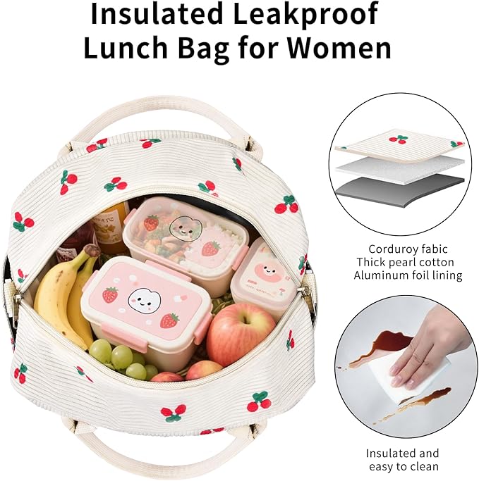 Lunch Bag Women Lunch Box for Women Adult Cute Insulated Lunch Bag Lager Cooler Lunch Tote Bags for Work Picnic (Beige-Cherry)
