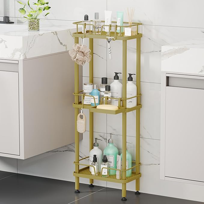 HapiRm Standing Corner Shower Caddy - 3 Tier Corner Shower Organizer with Soap Holder, Rustproof Stainless Steel Bathroom Shelf with 4 Hooks, Gold