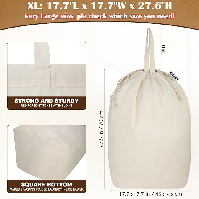 Canvas Laundry Bags with Handles & Square Base18"Lx18"Wx27.6"H, Extra Large Heavy Duty Laundry Basket Hamper Liner, Washable Drawstring Dirty Clothes Bag Canvas Storage Sack (Beige XL,1 Pack)