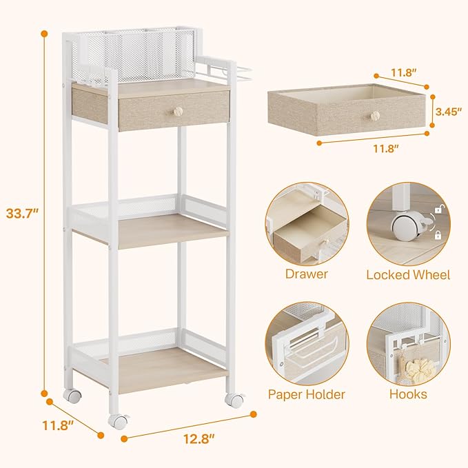 3 Tier Rolling Utility Cart Organizer with Removable Drawer, 12.8in Large Floor Makeup Skincare Organizers Cosmetics Display Cases Holder for Hair Tool, Kitchen, Bathroom, Laundry Room Organization