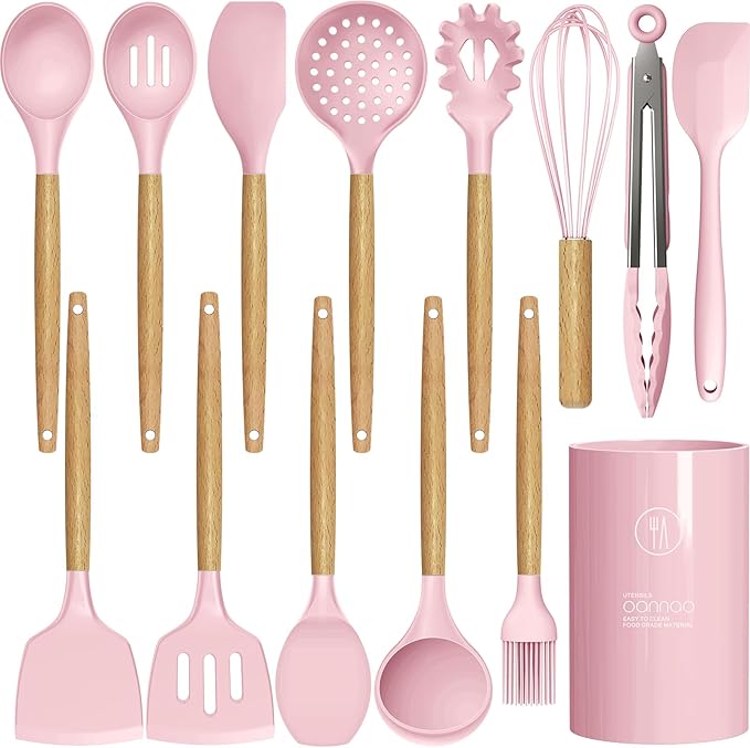 oannao Silicone Cooking Utensils Set Utensil Sets - 446°F Heat Resistant Silicone Kitchen Utensils Set Wooden Handles, Silicone Utensils for Cooking w Holder for Non-Stick Cookware BPA FREE (Black)