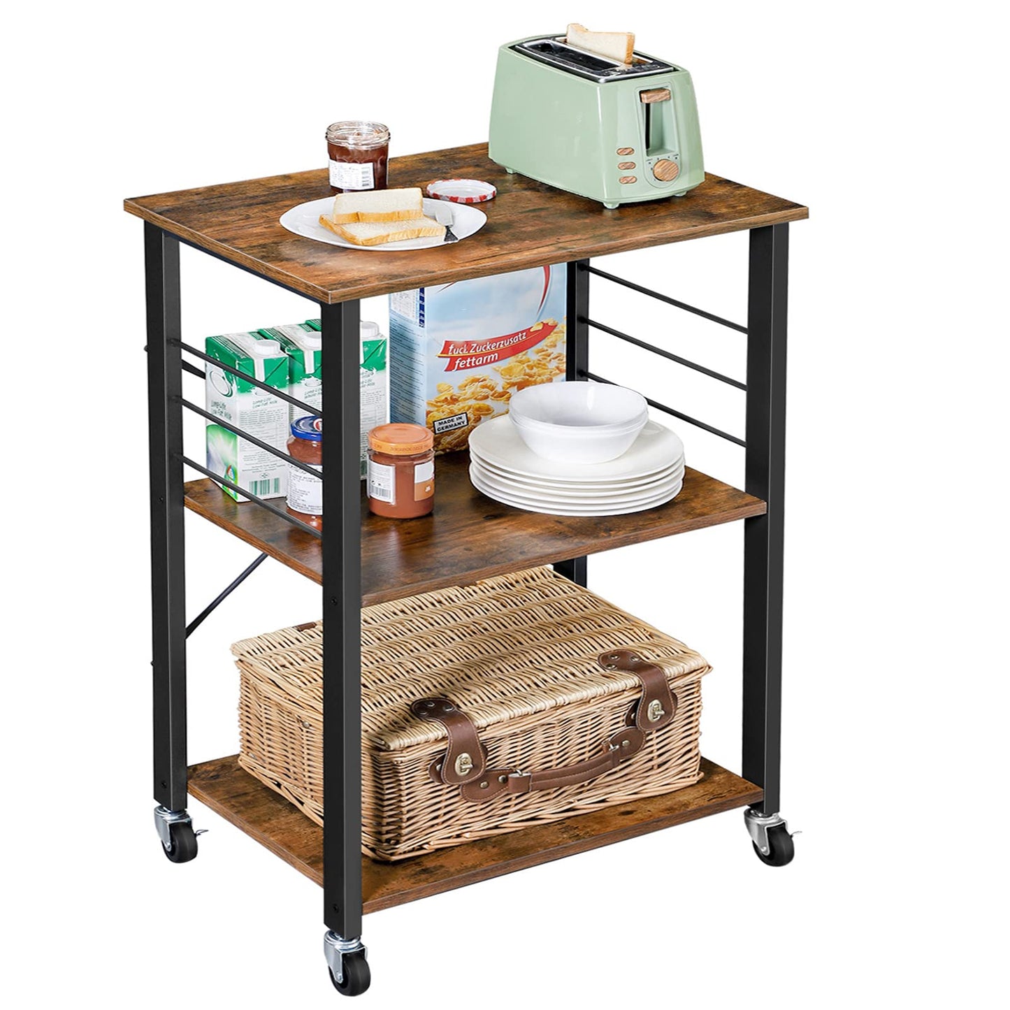 VASAGLE Kitchen Shelf on Wheels, 31.5 Inches Serving Cart with 3 Shelves