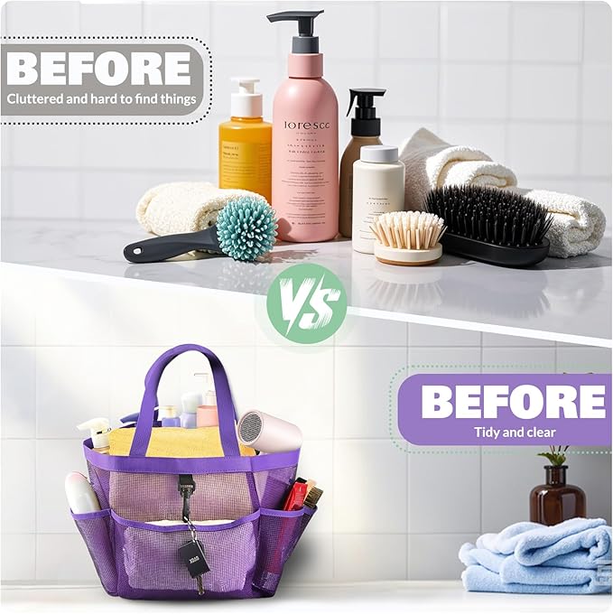Mesh Shower Caddy Portable for College Dorm Room Essentials with 8 Pockets, Shower Bag for Beach, Swimming, Gym, Travel, Bathroom(All purple)