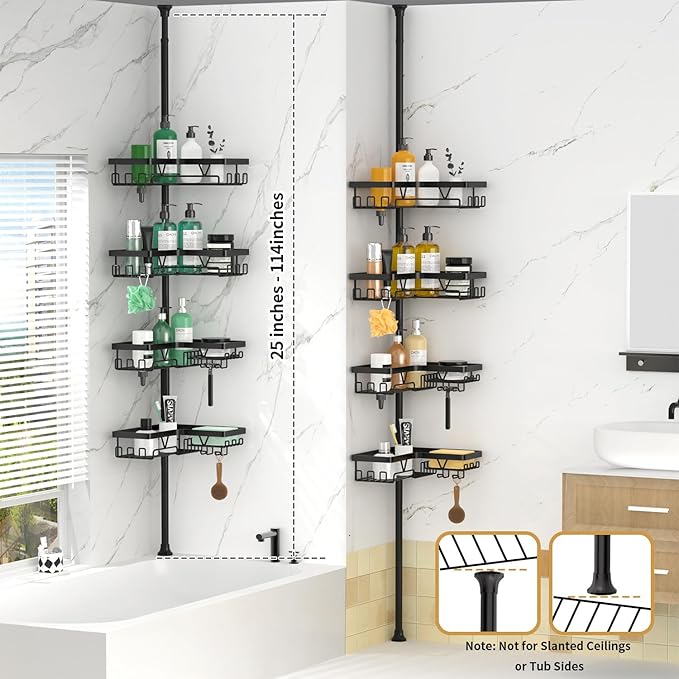 Corner Shower Caddy - 4-Tier Shower Caddy Tension Pole with 2 Removable Soap holders Bathroom Shampoo Holder for Bathtub & Corner, Black, Floor to Ceiling 25-114.2 inch