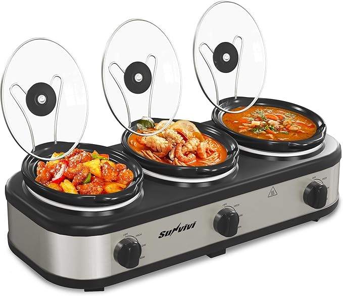 Sunvivi 4 Quart Slow Cooker & Mini Food Warmer with 3 Heating Settings, Removable Ceramic Pot, Dishwasher Safe Glass Lid, Stainless Steel, Blue