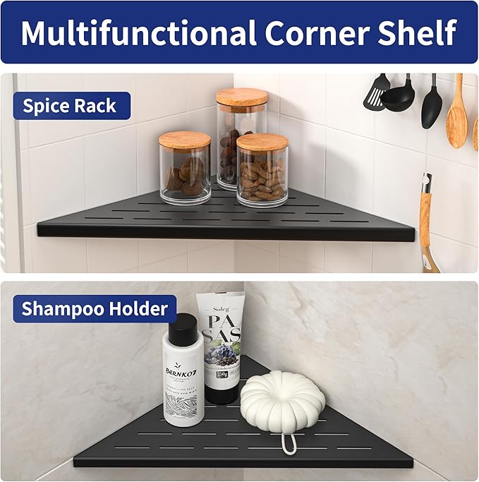 Corner Shower Shelf, 12" Matte Black 304 Stainless Steel Slot Design Recessed Corner Shelves 2 Pack Bathroom Grout in Shelf for Tiled Wall, Large Size