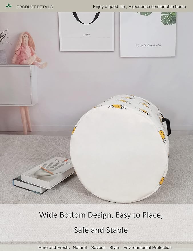Round Folding Laundry Hamper, Canvas Basket,Nersury Hamper,Suitable for Children,Office,Bedroom,Clothes,Toys Storage（Bee）