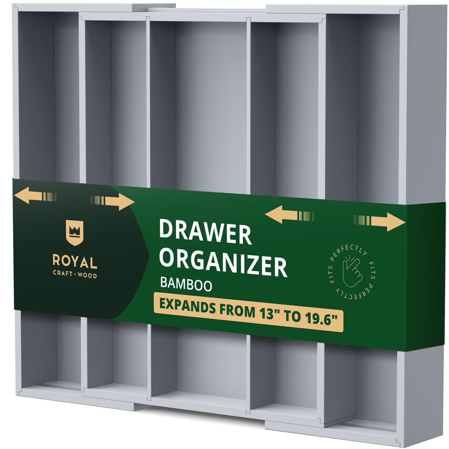 ROYAL CRAFT WOOD Luxury Bamboo Kitchen Drawer Organizer - Silverware Organizer - Utensil Holder and Cutlery Tray with Grooved Drawer Dividers for Flatware and Kitchen Utensils (7 Slot, Gray)