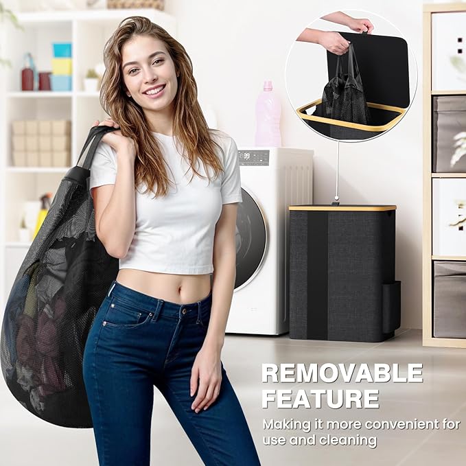 BlissTotes Laundry Basket with Lid, 80L Clothes Laundry Hamper with Handles and Removable Laundry Bag, Breathable Design Hamper with Lid for Bedroom, Bathroom, Dorm, Laundry Room - Dark Grey