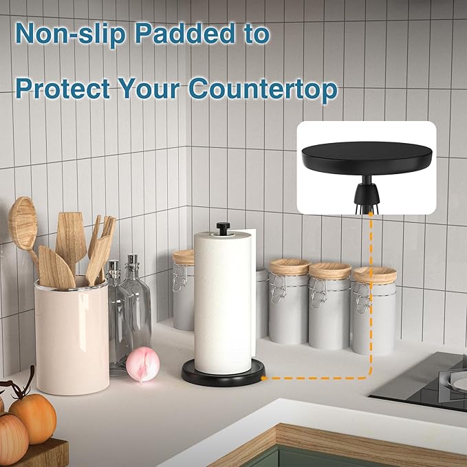 Paper Towel Holder Countertop, One-Handed Tear, Stainless Steel, Weighted Base, Black, Paper Towel Roll Holder Stand with Ratchet Mechanism for Kitchen Bathroom Farmhouse Essentials Decor Accessories