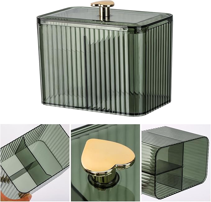 Tbestmax Qtip Holder Dispenser 3-Section Clear Cotton Swab/Pad/Ball Holder Container 3 Grids Bathroom Organizer Jar Cosmetics Storage for Vanity(Green)