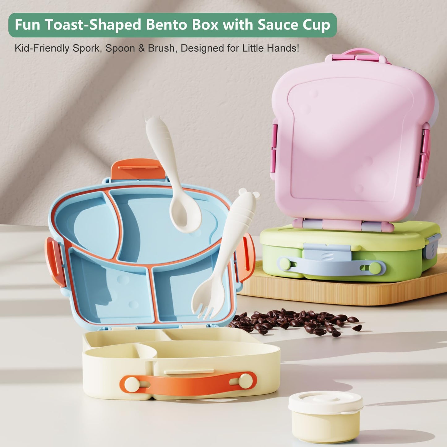 SAYAPE Bento Box for Kids & Adults – Cute Cartoon 2-Layer Lunch Box with Fork, Sauce Cup & Brush, BPA-Free, 3-Compartment Square Snack Container with Handle for School, Office, or Travel (Green)